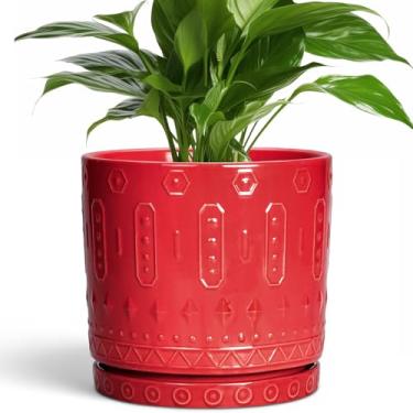 Imagem de Eightpot Vaso de cerâmica de 20 cm com orifício de drenagem e pires, vaso de flores grande redondo para plantas de interior e jardim, vermelho