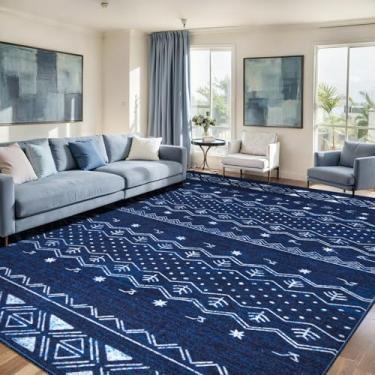 Imagem de SERISSA Tapetes de área de 22 x 30,5 cm para sala de estar, lavável, antiderrapante, azul e branco, tapete geométrico macio e geométrico para sala de jantar, quarto, casa, escritório, sala de jogos