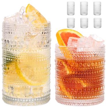 Imagem de Moretoes Conjunto de 6 copos Hobnail Highball de 340 g e copos de coquetel de 293 ml, copos de vidro Boho em relevo transparente para bar de cozinha, conjunto de copos para uísque, cerveja, suco