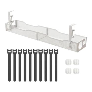 Imagem de ＫＬＫＣＭＳ Bandeja organizadora de cabos para embaixo da mesa, com 2 furos e suporte de armazenamento com presilha, sem necessidade de furar. Organizador de, Branco