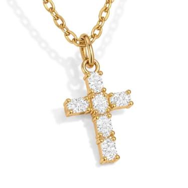 Imagem de SWEET PEEPS Colar feminino com cruz de zircônia cúbica mergulhada em ouro 18 K, pingente de cruz de zircônia cúbica delicada, joia minimalista para uso diário, One Size, Ouro amarelo, Zircônia cúbica