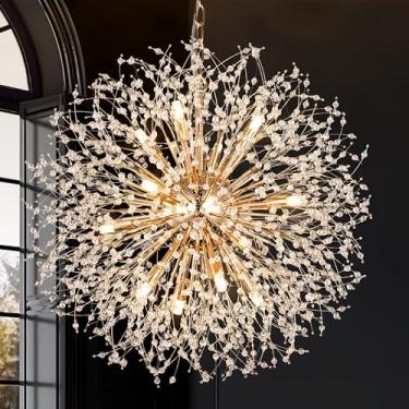 Imagem de Wellmet Lustre Cryatsl moderno, lustre de fogo de artifício dourado para sala de jantar, lustres contemporâneos de meados do século, luminária vintage de dente-de-leão para foyer, quarto, sala de