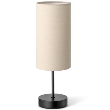 Imagem de Candeeiro de mesa de cabeceira pequeno para quarto, sombra redonda de linho e base de metal preto, lâmpadas noturnas minimalistas rústicas para mesa de cabeceira, cômoda, sala de estar, escritório