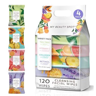 Imagem de My Beauty Spot Pacote com 4 lenços umedecidos de rosto para mulheres – lenços removedores de maquiagem com melaleuca, vitamina C, colágeno, retinol – 120 peças de limpeza facial