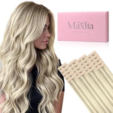 Imagem de MAXITA Extensões de cabelo humano com fita adesiva, 17A/60A, loiro acinzentado, loiro platinado, 40,6 cm, 50 g, 20 peças, extensões de cabelo humano remy sem costura para mulheres
