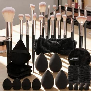 Imagem de Conjunto de 40 peças/conjunto de ferramentas de maquiagem esponja de pó puff kit completo de pincéis profissionais de sombra, blush, ferramenta cosmética feminina (preto)