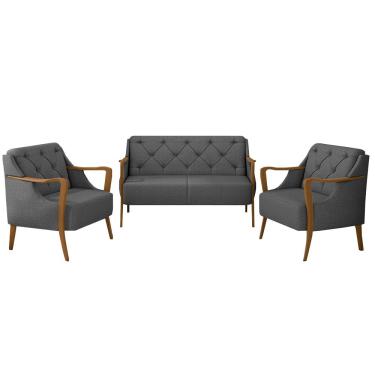 Imagem de Conjunto Decorativo 2 Poltronas e 1 Namoradeira 2 Lugares Hand Linho Chumbo - Gran Belo