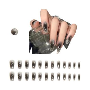 Imagem de Unhas Postiças Pretas Gradiente Y2K Com Estrelas E Formato Caixão, 24 