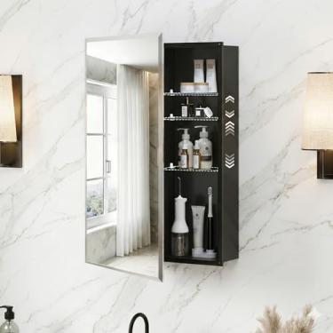 Imagem de Armário de remédios para banheiro com espelho: Armário de remédios espelhado sem moldura de alumínio leve preto de 40,6 cm x 61 cm com porta espelhada chanfrada moderna e prateleiras ajustáveis