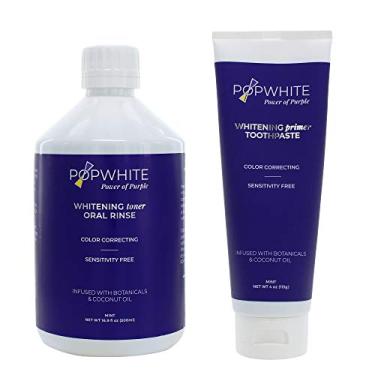 Imagem de POPWHITE Purple Power Duo Clareamento dental natural com pasta de dente Primer de 113 g e tônico clareador bucal de 479 g, certificado vegano e PETA, sabor menta, feito nos EUA