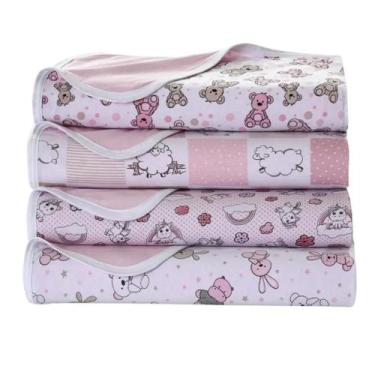 Imagem de Kit 3 Cueiro Duplo Malha 90X90 Estampada Com Viés Feminino - Dugu