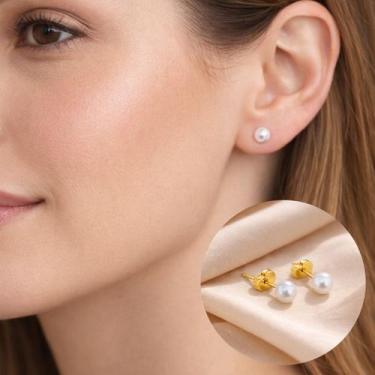 Imagem de Brinco Pérola Tradicional 6MM Dourado Delicado Aço Inox - Lys Lazuli