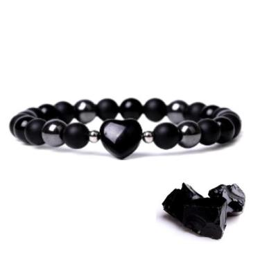 Imagem de Pulseira pedra natural coração e bolinhas quartzo topázio ágata olho d