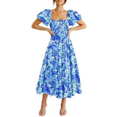 Imagem de Vestido PRETTYGARDEN Midi Floral Azul com Mangas Bufantes Tamanho Gran