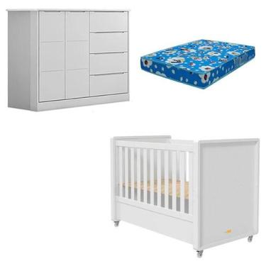 Imagem de Berço Americano Tutto New e Cômoda Infantil Eloá Branco Acetinado com 