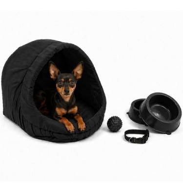 Imagem de Kit Cama Toca Iglu Pet Médio com Comedouro Coleira Bolinha Fofos - Sup