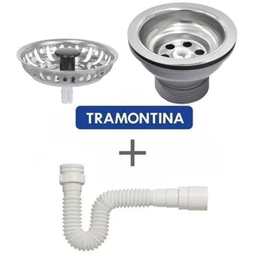 Imagem de Kit Válvula Tramontina 3 1/2 P/Pias e Cubas 94510012 + Sifão Simples Sanfonado