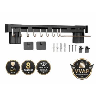 Imagem de Suporte Organizador Cozinha 50cm Aço Inox Preto 8 Ganchos Porta Utensí