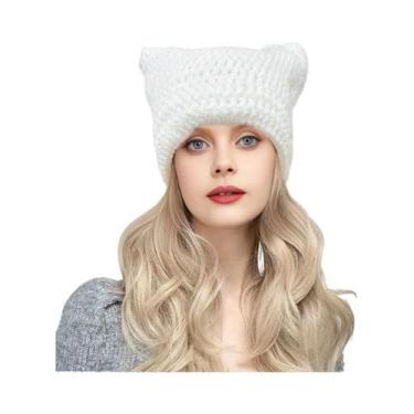 Imagem de Gorro Feminino De Tricô Com Orelhas De Gato Y2K Listrado Quente De Inv