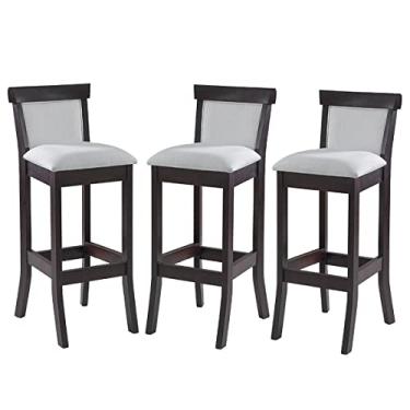 Imagem de Kit 3 Banquetas Alta Estofada Encosto Mônaco 36x100Cm Madeira Maciça Tabaco Linho Bege Cru L71 - RMI