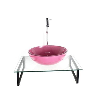 Imagem de KIT CUBA DE VIDRO REDONDA 10MM ROSA TAMPO 50CM INCOLOR COM SUPORTE TORNEIRA VALVULA