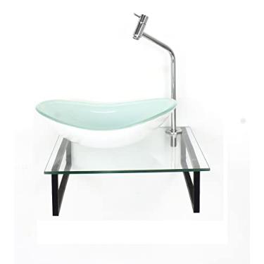 Imagem de KIT CUBA DE VIDRO OVAL 10MM BRANCA COM TAMPO 40CM INCOLOR E SUPORTE PRETO