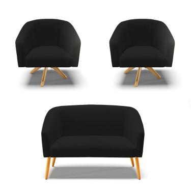 Imagem de Kit 1 Namoradeira E 2 Poltronas Base Madeira A79 Preto