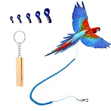 Imagem de Arnês de pássaro papagaio, coleira antimordida, para uso ao ar livre, azul, corda de treinamento com 5 peças de diferentes tamanhos de laços macios para os pés e apito de treinamento (versão atualizada do anel de tornozelo)