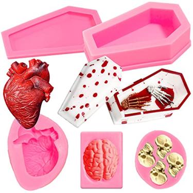 Imagem de Whaline Kit de moldes de silicone para dia das bruxas, 4 peças, molde de resina de caixão, molde de resina 3D de órgão de caveira, moldes de fundição de coração, cérebro, molde de doces para artesanato faça você mesmo, chocolate, cupcake, decoração de sabonete, gelatina, rosa
