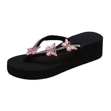 Imagem de Chinelo feminino moda verão casual strass borboleta sandálias confortáveis chinelos femininos felpudos (rosa, 9)