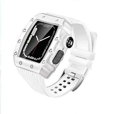 Imagem de KANUZ Pulseira de borracha para Apple Watch 7 Band 45mm Metal Aço Inoxidável Protetor Matel Case Alça para iWatch7 6 5 4 3 SE 44mm 41MM 40mm (Cor: Branco, Tamanho: para iwatch 40MM)