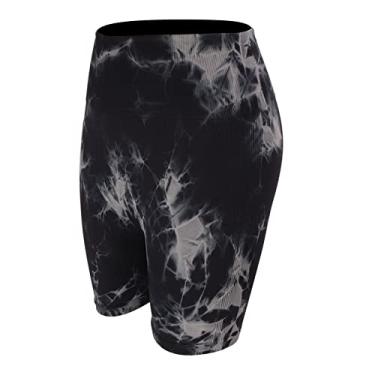 Imagem de Shorts de Yoga Tie Dye Preto Elástico Sem Costura Cintura Alta Shorts de Yoga para Academia (M)