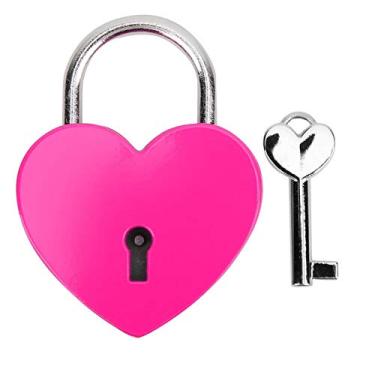 Imagem de Cadeado, cadeado de metal em forma de coração com chave, cadeado de metal para diário de bagagem, caixa de joias (vermelho rosa)