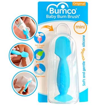 Imagem de Bumco Mini espátula de creme para fraldas para bebês com estojo – Espátula de silicone sem BPA com ventosa, escova para bumbum de limpeza limpa, aplicador de pasta de bumbum inventada pela mãe (azul)