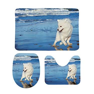 Imagem de Top Carpenter Conjunto de 3 peças de tapetes de banheiro antiderrapante para cães brancos Samoied tocando tapete macio + tampa de vaso sanitário + tapete para decoração de banheiro