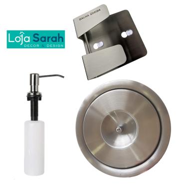 Imagem de Kit Lixeira Embutir tampa escovada 3l + Dosador + Porta Esponja Em Inox 304