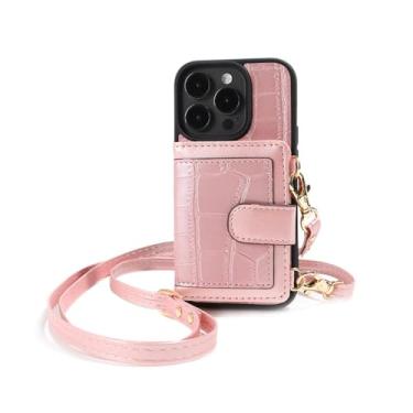 Imagem de Carteira crossbody de couro PU com porta-cartão capa de telefone para iPhone 14 Plus 13 Pro Max Capa de plástico à prova de choque para prevenção de quedas, rosa, para iPhone 13 Pro