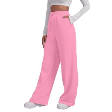 Imagem de Calça de moletom túnica feminina, cintura alta, yoga, esportes, calça feminina com bolso, casual, perna reta, calça de moletom (Rosa, P)