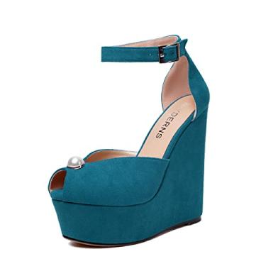 Imagem de WAYDERNS Sapato feminino de camurça peep toe casamento tira no tornozelo plataforma sexy fivela cunha salto alto sapatos 6 polegadas, Azul-petróleo, 12.5