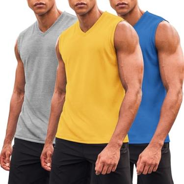 Imagem de COOFANDY Pacote com 3 camisetas masculinas sem mangas para academia, gola V, musculação, musculação, Azul claro/cinza claro/amarelo, P