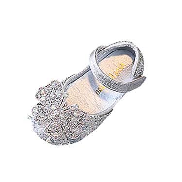 Imagem de Sapatos de princesa para bebês meninas Mary Jane sapatos sociais brilhantes borboleta balé sapatos rasos para festa casamento escola, Prata, 2 Big Kid