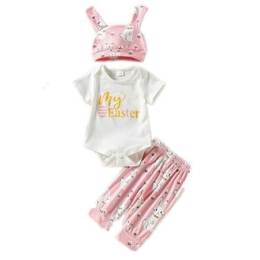 Imagem de Roupa de Páscoa para recém-nascidos, roupas de verão para bebês, macacão de manga curta, calça + chapéu, conjunto de 3 peças de roupas infantis, rosa, 0-3 Meses