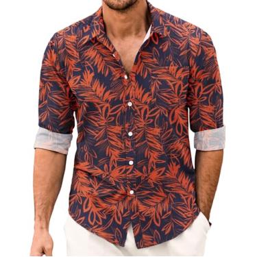 Imagem de COOFANDY Camisa masculina casual com botões e manga comprida de cambraia de linho, Folhas estampadas vermelhas, M