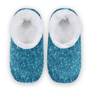 Imagem de CHIFIGNO Sapatos de prata para casa, chinelos femininos, chinelos de quarto femininos M-XXL, Glitter azul turquesa, Medium