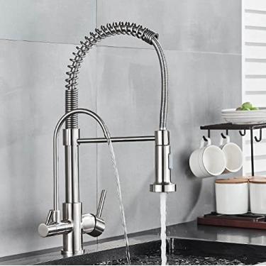 Imagem de Torneira de cozinha de água potável Filtro rotativo Água pura Torneiras misturadoras de água quente e fria Torneira de cozinha de primavera Guindaste de montagem em deck, níquel escovado B