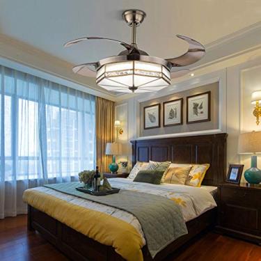 Imagem de Ventilador de teto retrátil moderno de 42 polegadas para sala de jantar interna, quarto de restaurante, ventilador de teto remoto estilo Tiffany com luz, ventilador de lustre com 3 cores e 2