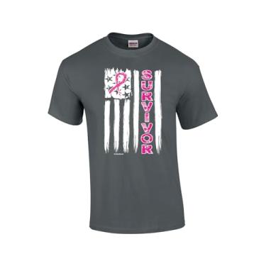 Imagem de Camiseta unissex estampada de manga curta com bandeira americana esfarrapada inspiradora de sobrevivente do câncer de mama com fita rosa, Carvão, GG