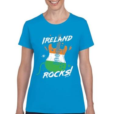 Imagem de Camiseta feminina Ireland Rocks Guitar Flag St Patrick's Day Shamrock Groove Vibe Pub Celtic Rock and Roll Clove, Azul claro, XXG