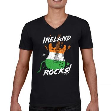 Imagem de Camiseta Ireland Rocks Guitar Flag St Patrick's Day Gola V Shamrock Groove Vibe Pub Celtic Rock and Roll Clove Tee, Preto, GG