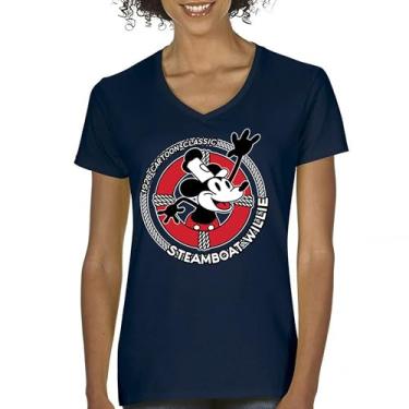 Imagem de Camiseta feminina Steamboat Willie Life Preserver gola V engraçada clássica desenho animado praia Vibe Mouse in a Lifebuoy Silly Retro Tee, Azul marinho, M